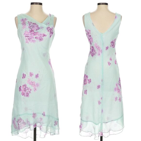 Vintage 90s Teeze Me Floral Dress Midi Watercolor Blue Cowl Jrs Size 3 - Picture 2 of 9